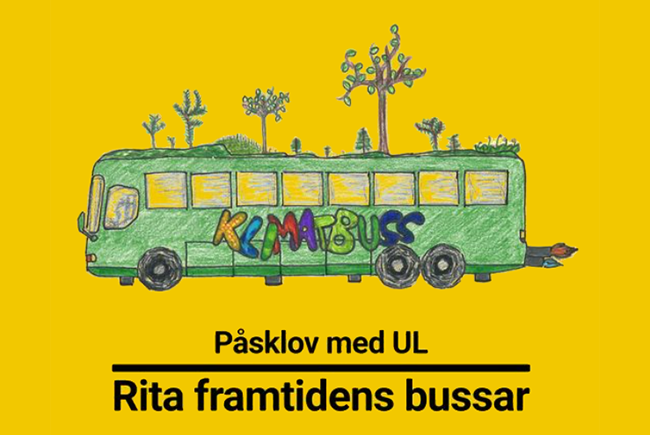 En gul tecknad buss där det står klimatbuss på sidan av bussen. På taket på bussen växer träd och andra växter.