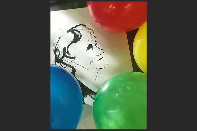 Tecknad bild på Astrid Lindgren och ballonger i bakgrunden.